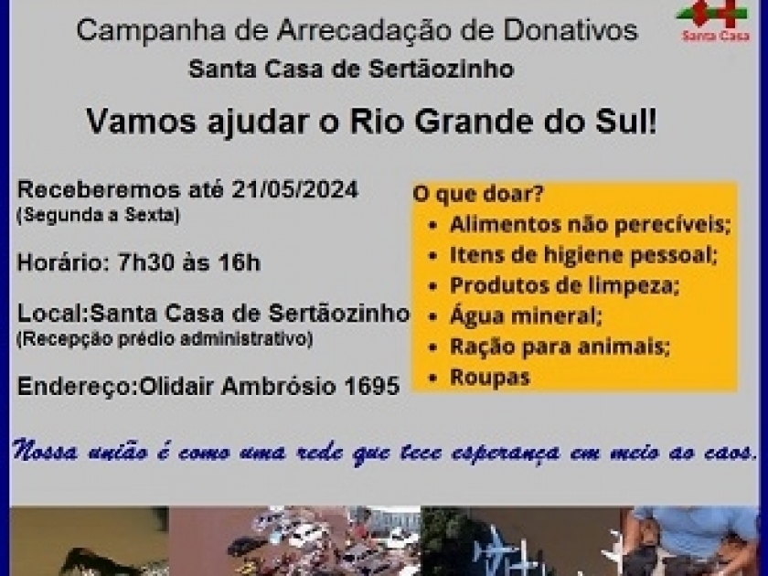 Santa Casa de Sertãozinho recebe doações para ajudar o Rio Grande do Sul