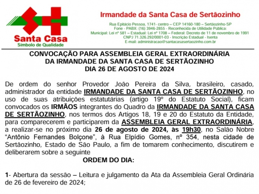 Santa Casa realizará Assembleia Geral Extraordinária no dia 26 de agosto