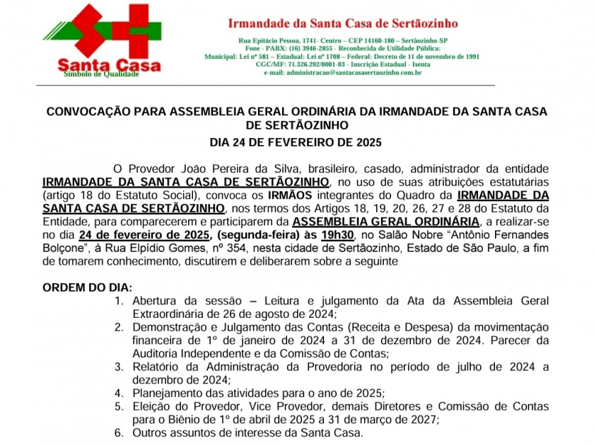 Santa Casa realizará Assembleia Geral Ordinária no dia 24 de fevereiro