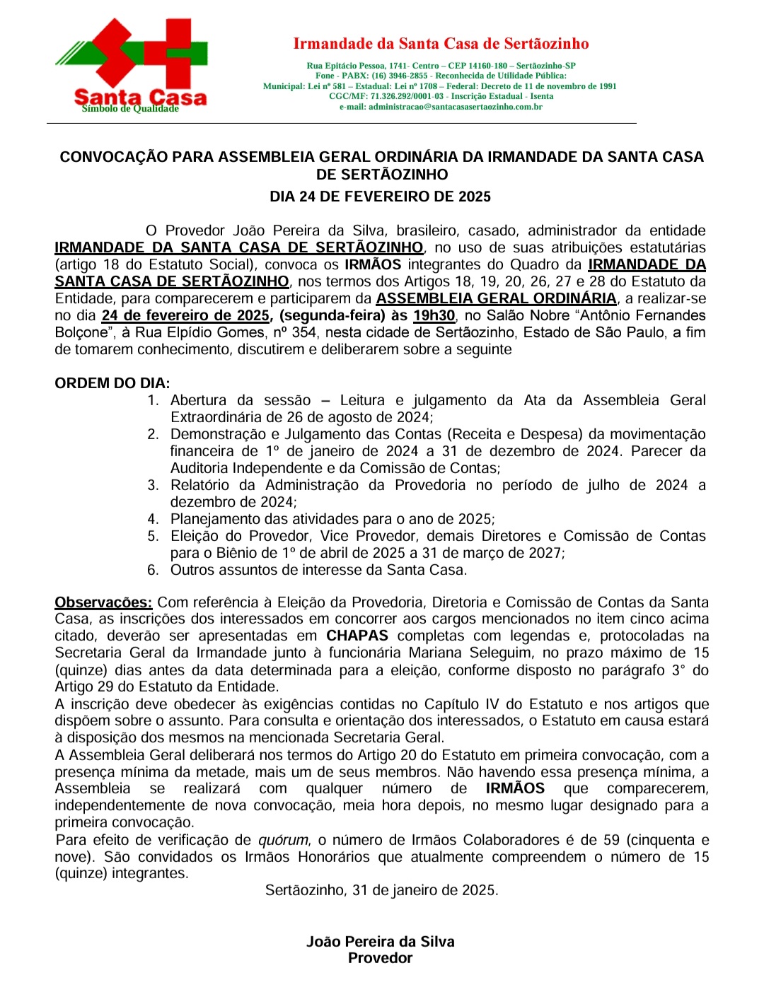 Santa Casa realizará Assembleia Geral Ordinária no dia 24 de fevereiro