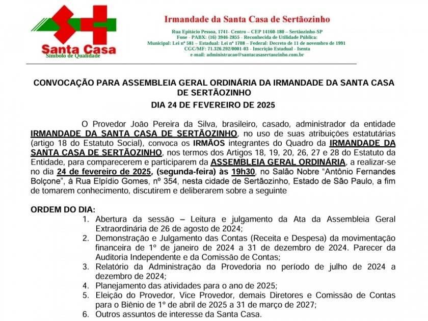 Santa Casa realizará Assembleia Geral Ordinária no dia 24 de fevereiro