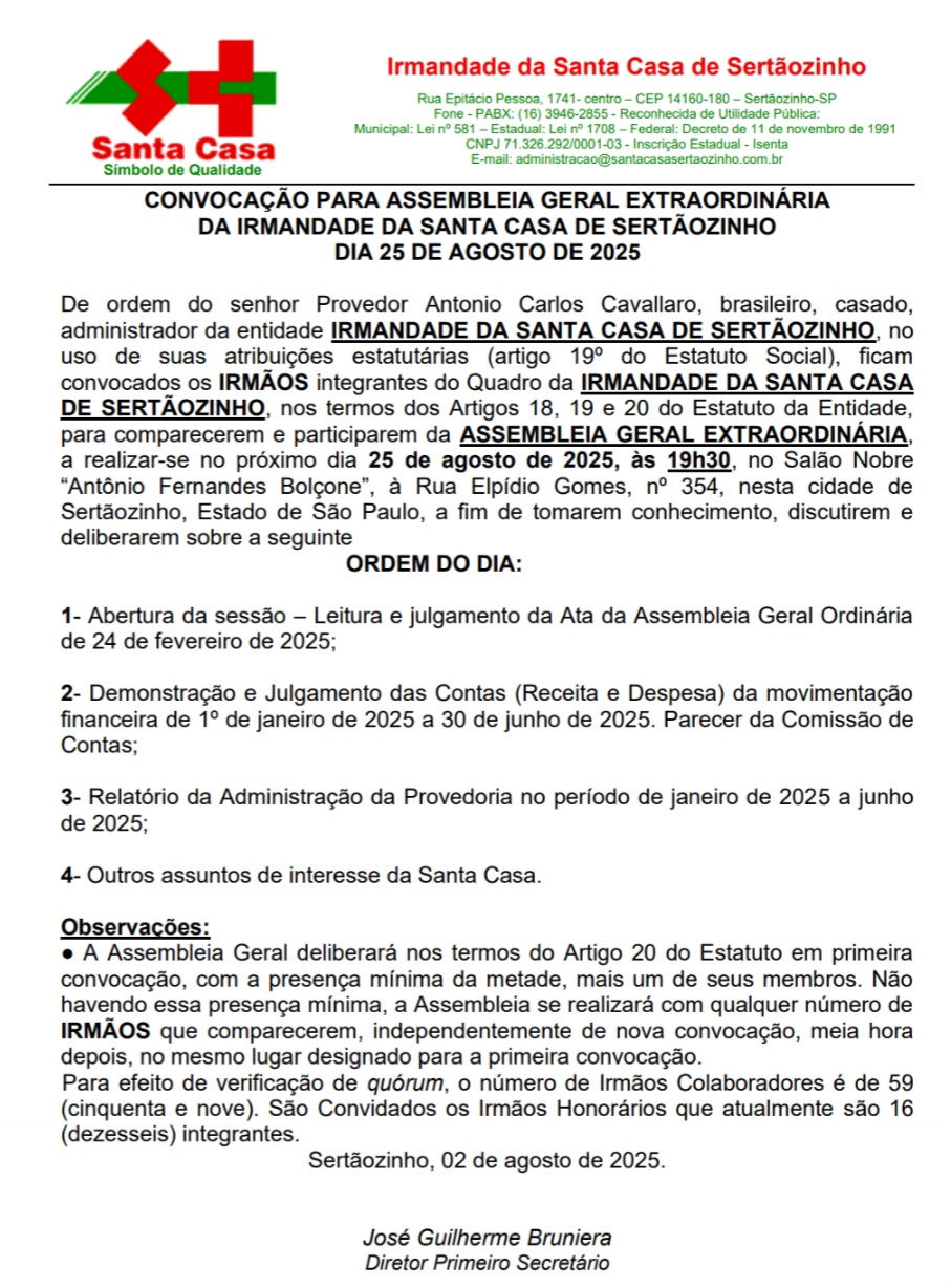 Santa Casa convoca membros de sua Diretoria e Irmandade para Assembleia Geral Extraordinária