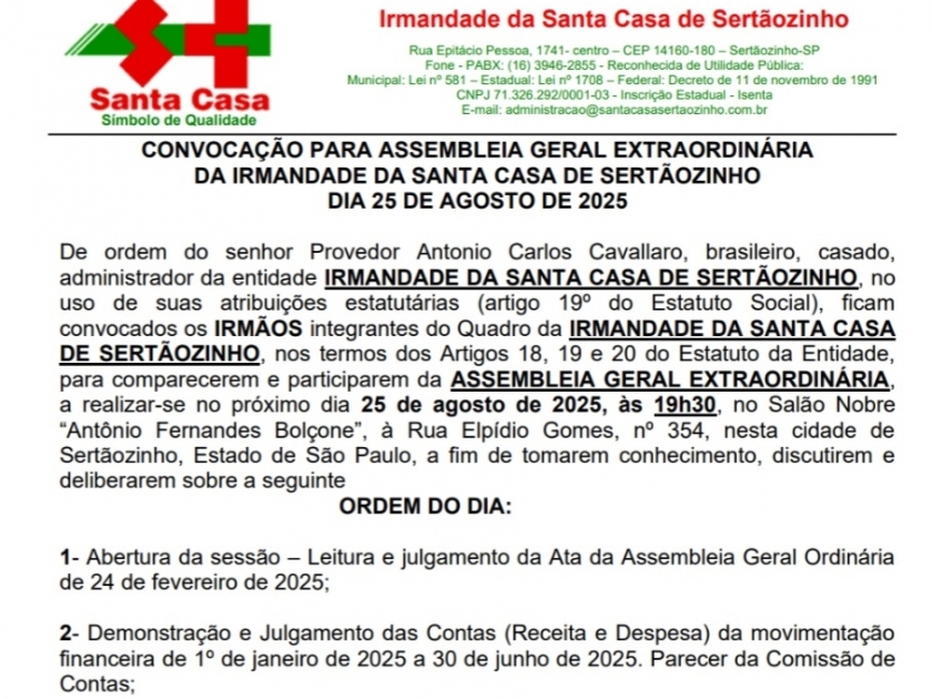Santa Casa convoca membros de sua Diretoria e Irmandade para Assembleia Geral Extraordinária