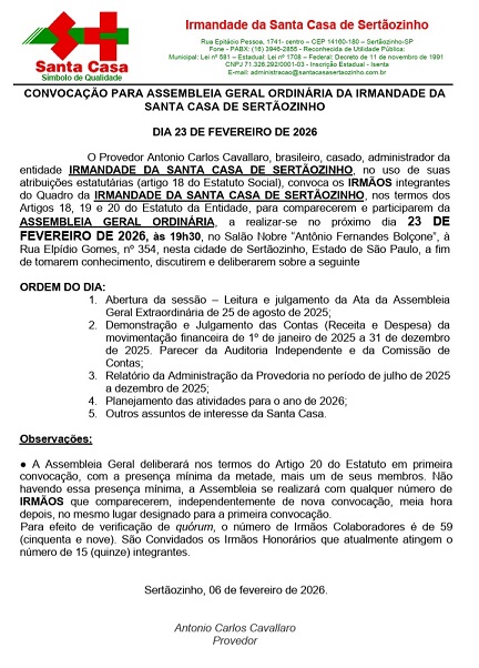 Santa Casa de Sertãozinho realizará Assembleia Geral Ordinária com membros da Irmandade no dia 23