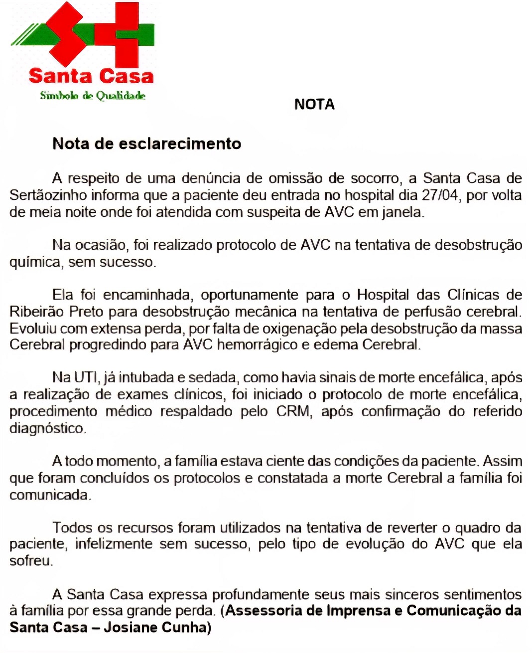 Nota de esclarecimento - Denúncia omissão de socorro