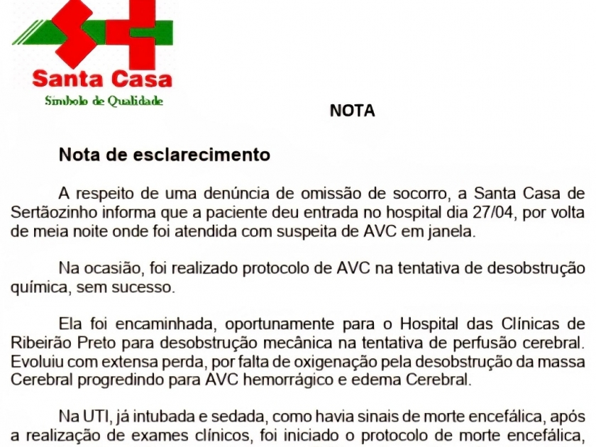 Nota de esclarecimento - Denúncia omissão de socorro